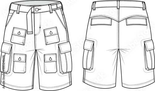 Mens cargo shorts technical cad drawing flat vector illustration, front back view utility shorts apparel fashion design outline template