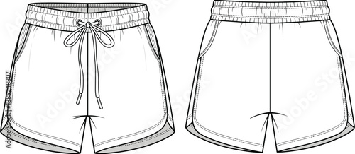 Women athletic shorts technical sketch front back view with drawstring waistband pocket details isolated cad flat vector illustration