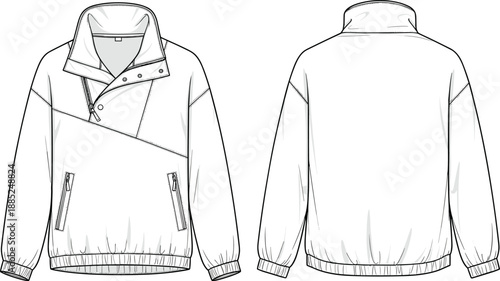 Men windbreaker jacket technical fashion sketch front back view with high collar zipper pockets isolated cad flat vector illustration