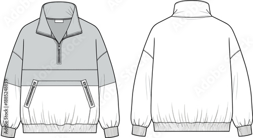 Mens half zip pullover jacket technical cad drawing flat vector illustration, front back view apparel fashion design outline template schematic