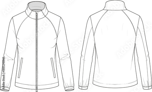 Mens zip up jacket technical cad drawing flat vector illustration, front back view athletic outerwear apparel fashion design outline