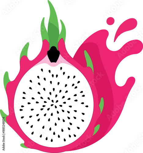 Vibrant Dragon Fruit Illustration with Splash Effect Isolated on White Background