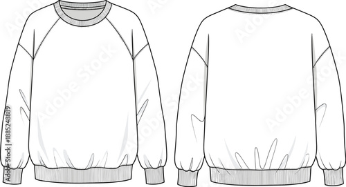 Mens raglan sleeve sweatshirt technical cad drawing flat vector illustration, front back view casual apparel fashion design outline
