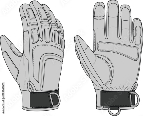 Protective tactical gloves technical cad drawing flat vector illustration, front back view safety workwear accessory design outline template