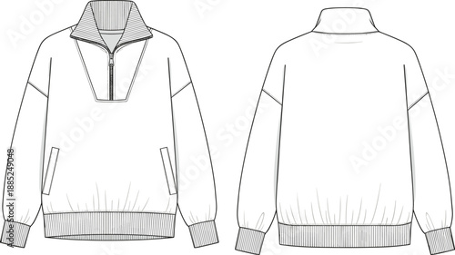 Mens half zip sweatshirt technical cad drawing flat vector illustration, front back view casual apparel fashion design outline template