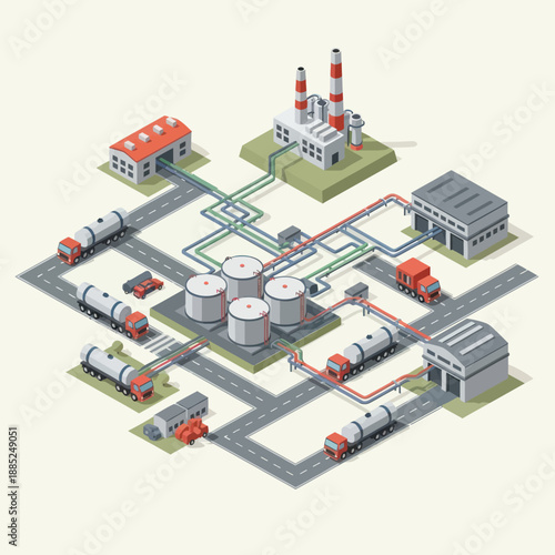 Industrial Oil Refinery Facility with Tanks and Trucks.