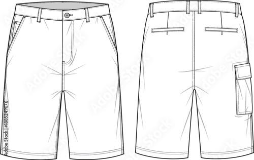 Men cargo shorts technical fashion sketch front back view with pockets button fly isolated cad flat vector illustration