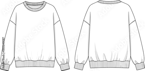 Mens crewneck sweatshirt technical cad drawing flat vector illustration, front back view casual apparel fashion design outline template