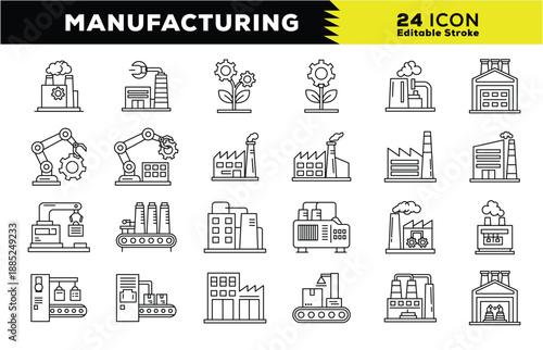 Manufacturing Industry Icons: Factories, Robots, Gears, and Production Lines - Vector Set
