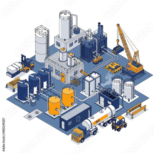 Industrial Facility with Equipment and Vehicles.