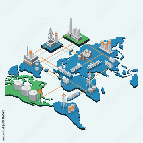 Global Oil Refineries and Tankers Map Illustration.