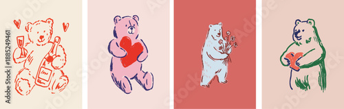 Cute hand drawn teddy bear holding gifts for valentine day love and romantic greeting card