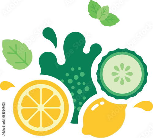 Fresh lemon, cucumber, and mint illustration for healthy summer drinks and detox recipes