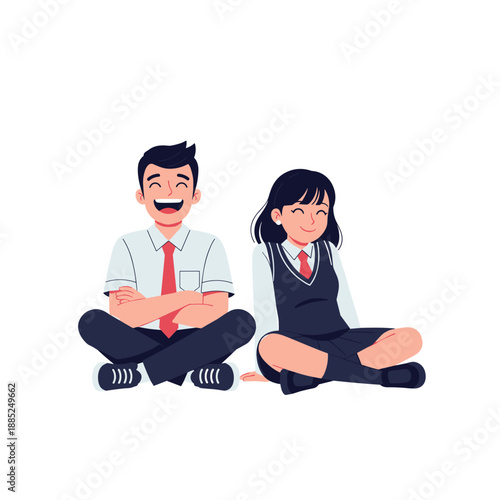 Cartoon illustration of a businessman and businesswoman sitting at an office meeting for a teamwork company success symbol