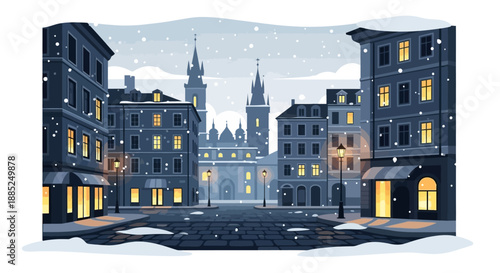 Winter scene of a snowy European town street at dusk with lit buildings and a church in the background, illustration in a vector style.