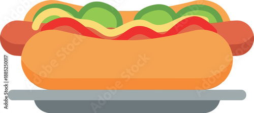 Colorful vector illustration of a classic hot dog with relish and mustard on a plate, isolated on white background