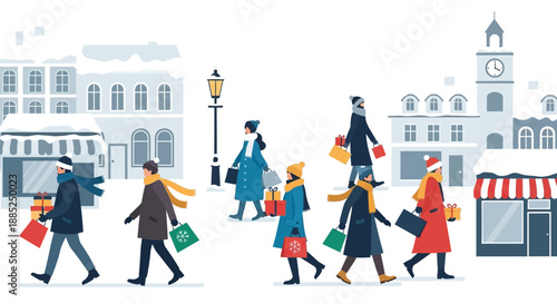 Vector illustration of people walking with shopping bags on a snowy city street in winter, Europe, with a lively scene.