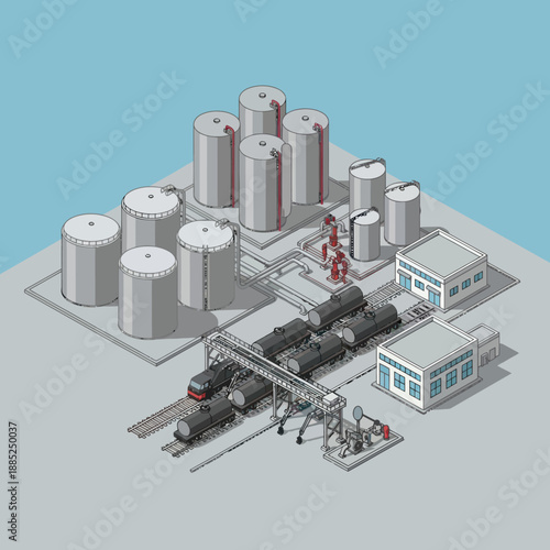 Industrial Facility with Storage Tanks and Train.