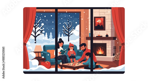 Vector illustration of a family sitting by a fireplace in a cozy living room on a winter day in Europe with snow outside the window.