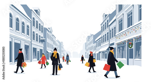 Illustration of people walking on a snowy European street in winter, carrying shopping bags, with a festive atmosphere and colorful buildings in the background.