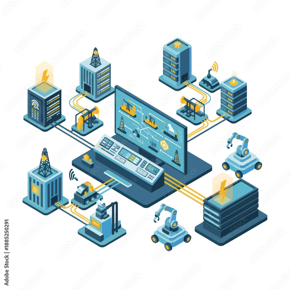 Obraz premium Computer connected robotic machines in factory.