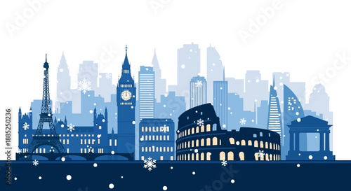 Winter illustration of London cityscape with iconic buildings and snowflakes on a white background, a character of the season in Europe.