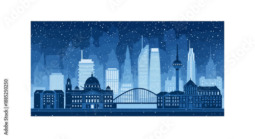 Illustration of a city skyline at night in Europe during winter season with a character design, featuring a bridge and buildings in a blue-toned scene.