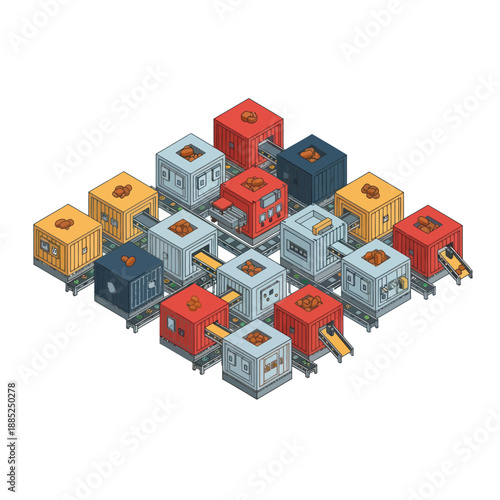 Isometric Shipping Containers and Trucks Illustration.