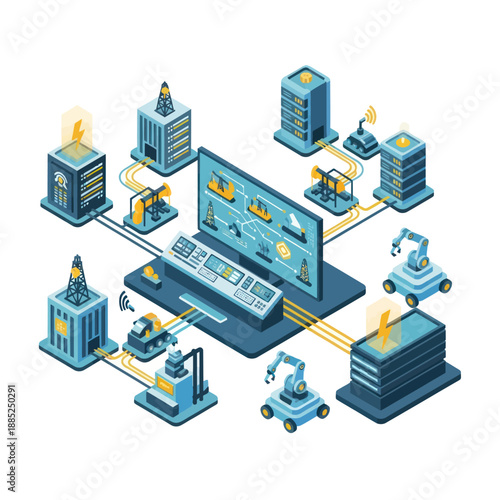 Computer connected robotic machines in factory.