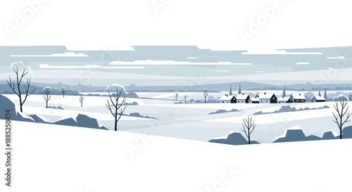 Winter landscape illustration of a snow-covered field with bare trees and a village in the background, set against a serene European countryside scene on a cold season day.