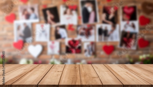Wall of pictures with hearts and a wooden table with flowers. Scene is romantic and sentimental. Product card copy space marketplace background. Valentine's Day