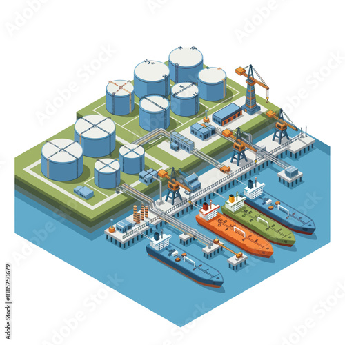Industrial Oil Refinery with Storage Tanks and Ships.