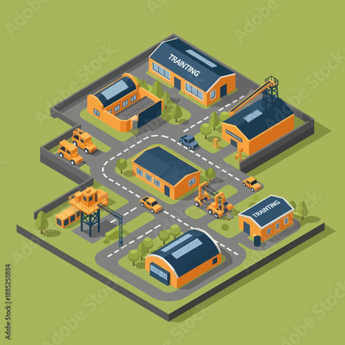 Isometric Factory Buildings with Trucks and Equipment.