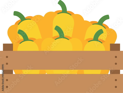 Yellow bell peppers in wooden crate vector illustration for farm market and organic food design
