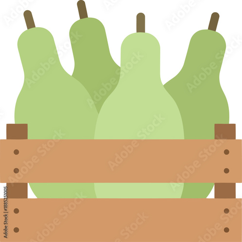 Fresh green pears in wooden crate flat vector illustration for farmers market and organic food design