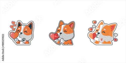 Adorable Shiba Inu Dog Sending Kisses and Hearts - Cute Cartoon Vector Sticker Pack