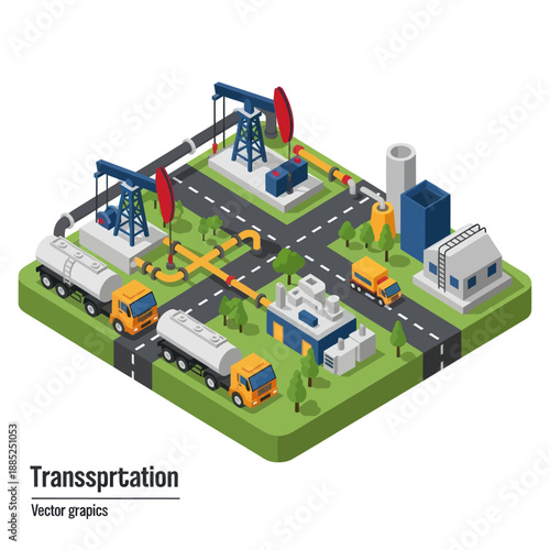 Oil Refinery Infrastructure with Trucks and Pumps.