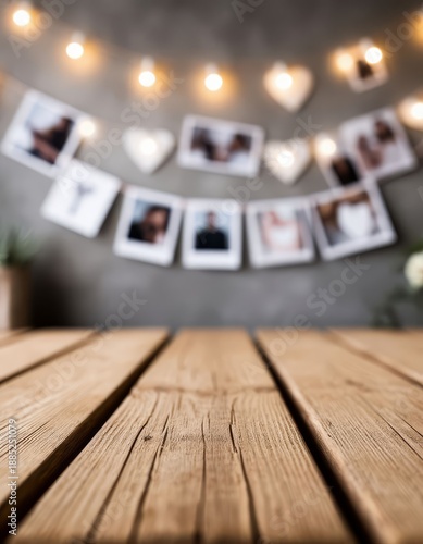 Wooden table with a photo hanging from the ceiling. The photo is a collection of pictures of people, including a couple, and a heart. Product card copy space marketplace background. Valentine's Day