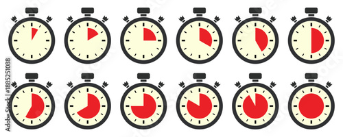 Progressive stopwatch icons showing elapsed time from beginning to full completion