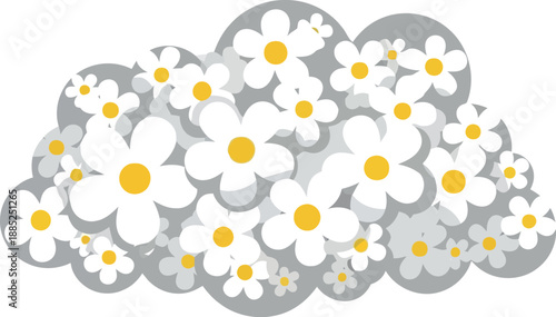 Vector illustration of white daisies with yellow centers in a decorative floral cluster on gray background