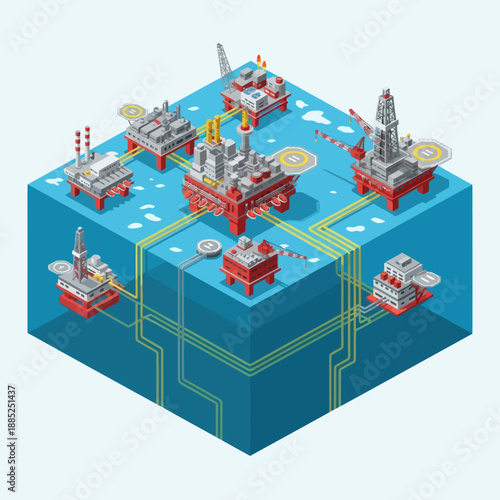 Isometric Oil Rig Platform Extraction Process.