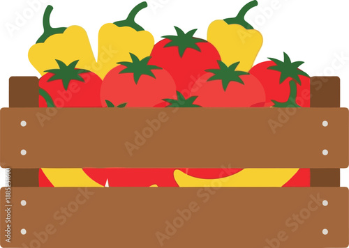 Fresh organic tomatoes and bell peppers in wooden crate vector illustration for farmers market and grocery design