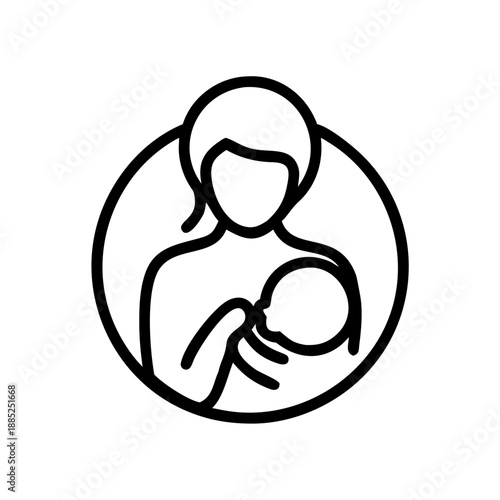 Breastfeeding Embrace: An elegant black-and-white icon depicts a mother lovingly cradling her baby during a nursing session, embodying the intimate connection of motherhood.