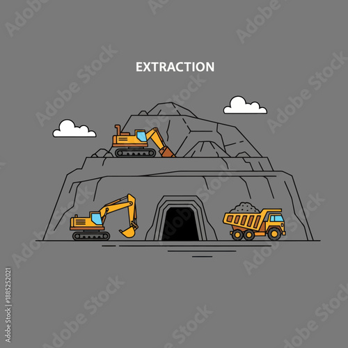 Mining Excavators and Trucks at Quarry Site.