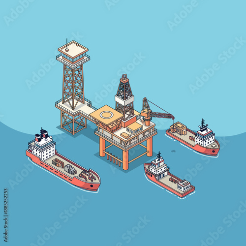 Oil Rig Platform with Supply Boats.