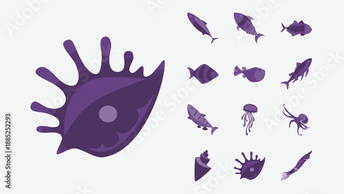 Sea world and ocean ecosystem icons set