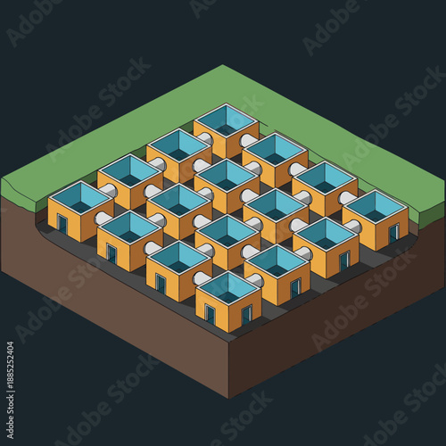 3D Isometric Houses in Grid Formation.