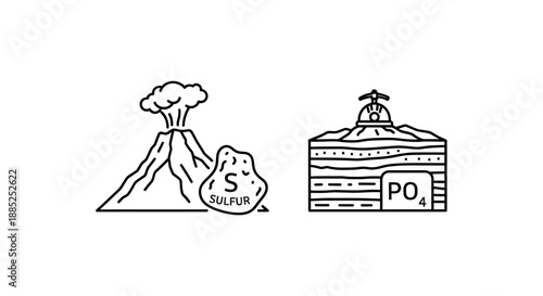 vector icons of sulfur volcanic eruption and phosphate fertilizer stack, for science education or chemistry presentation isolated on White Background