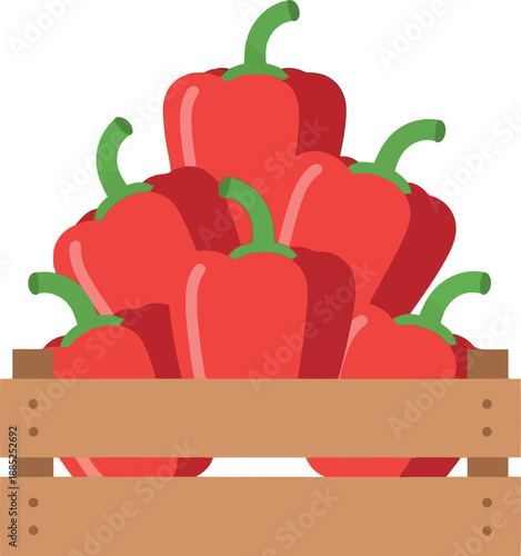 Fresh red bell peppers in wooden crate vector illustration for farmers market and organic food design
