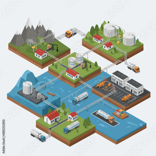 Isometric Illustration of Water Treatment Process Stages.